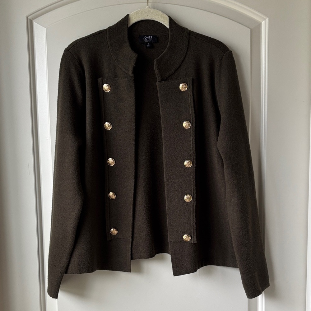 Jones New York Open Front Sweater Blazer- Dark Olive Green w/ Gold Buttons- S